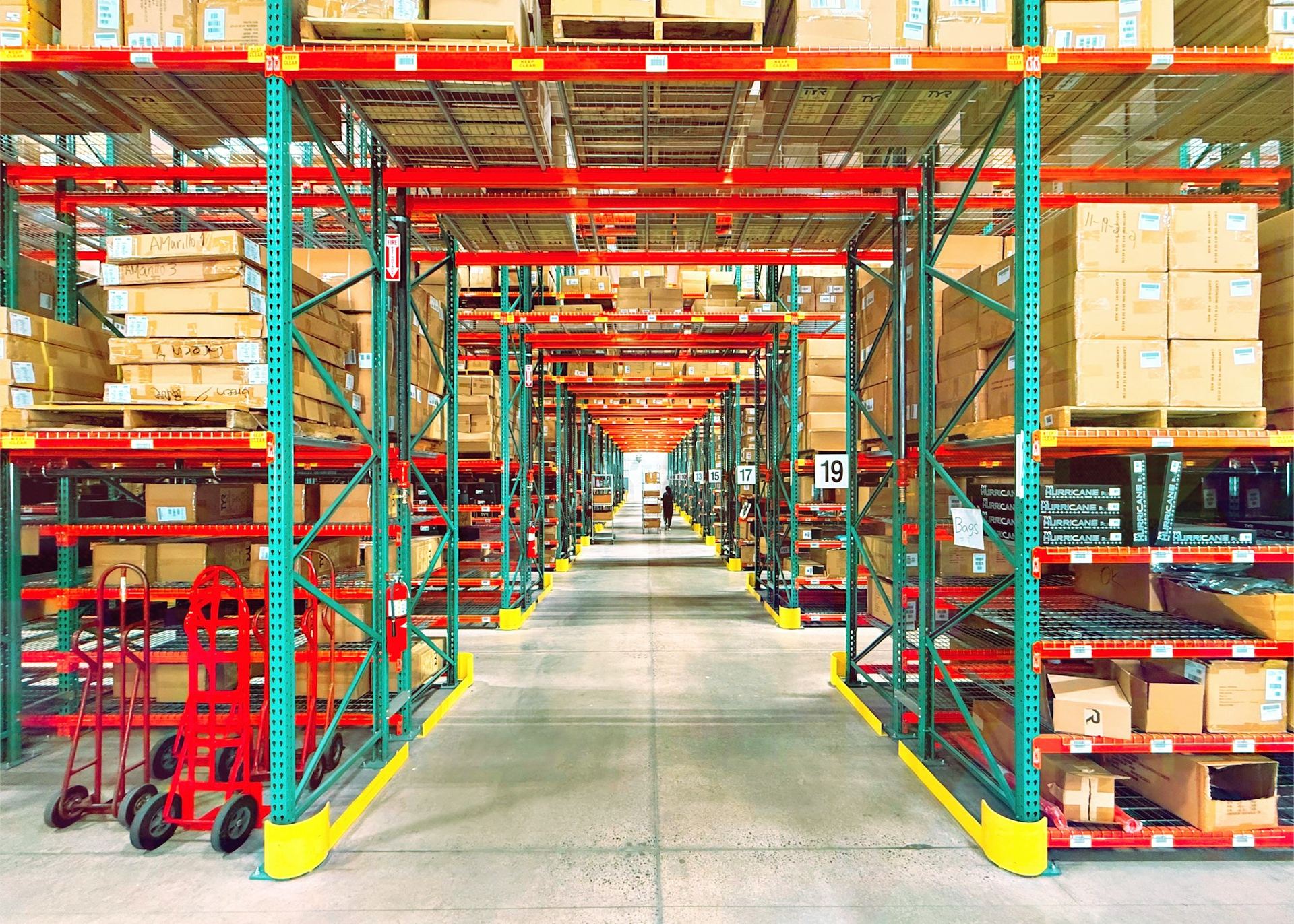 Warehouse racking stocked with products